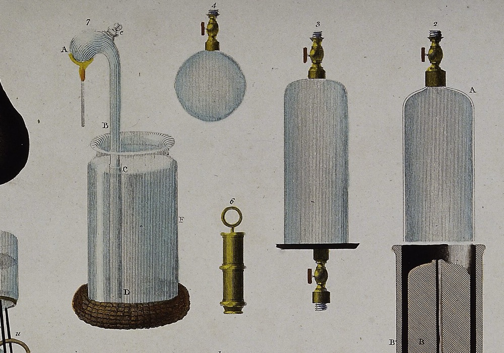 A hand-coloured plate of glass and brass chemical apparatus