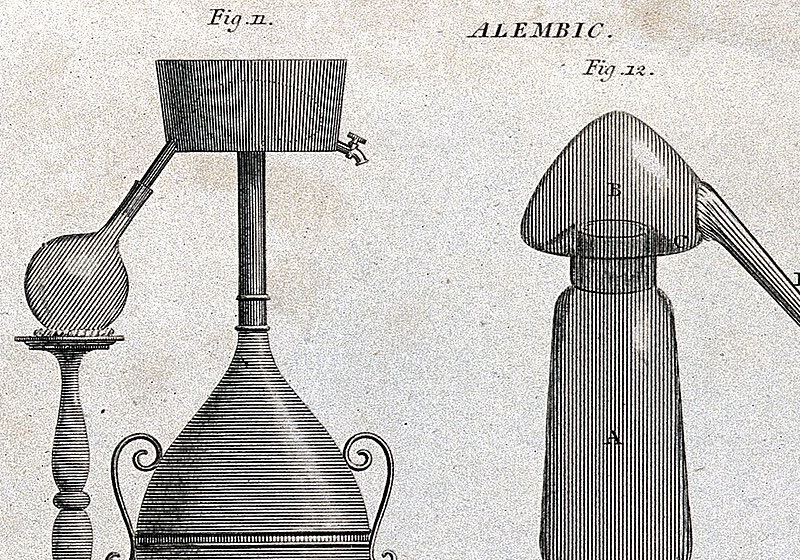 An engraved plate of distilling apparatus